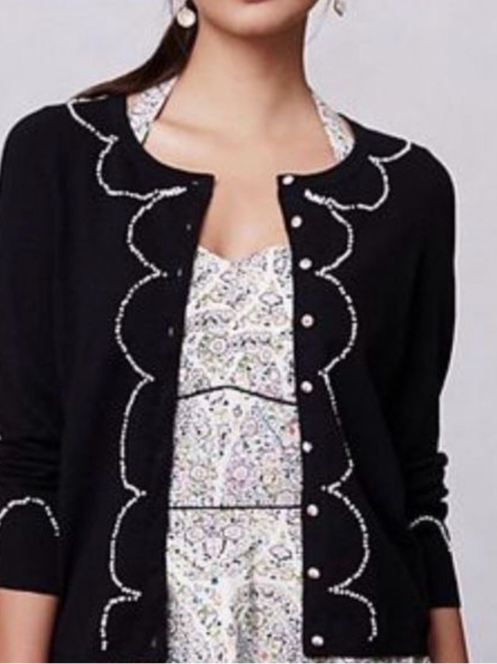 Anthropologie Black Scalloped-Trim Knit Cardigan “Clipped Etymology”